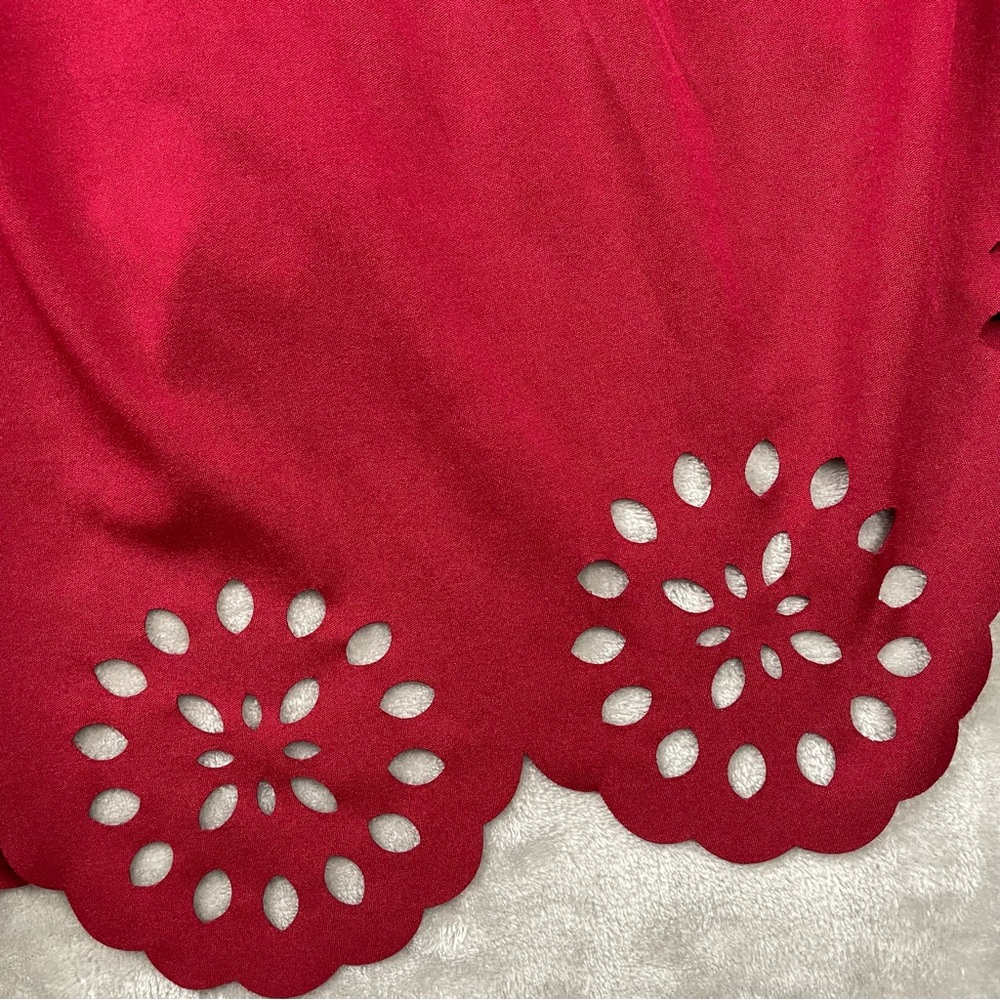 Red Skater Mini Dress Medium Laser Cut Scalloped Hem Fit Flare Holiday Party - Picture 2 of 8